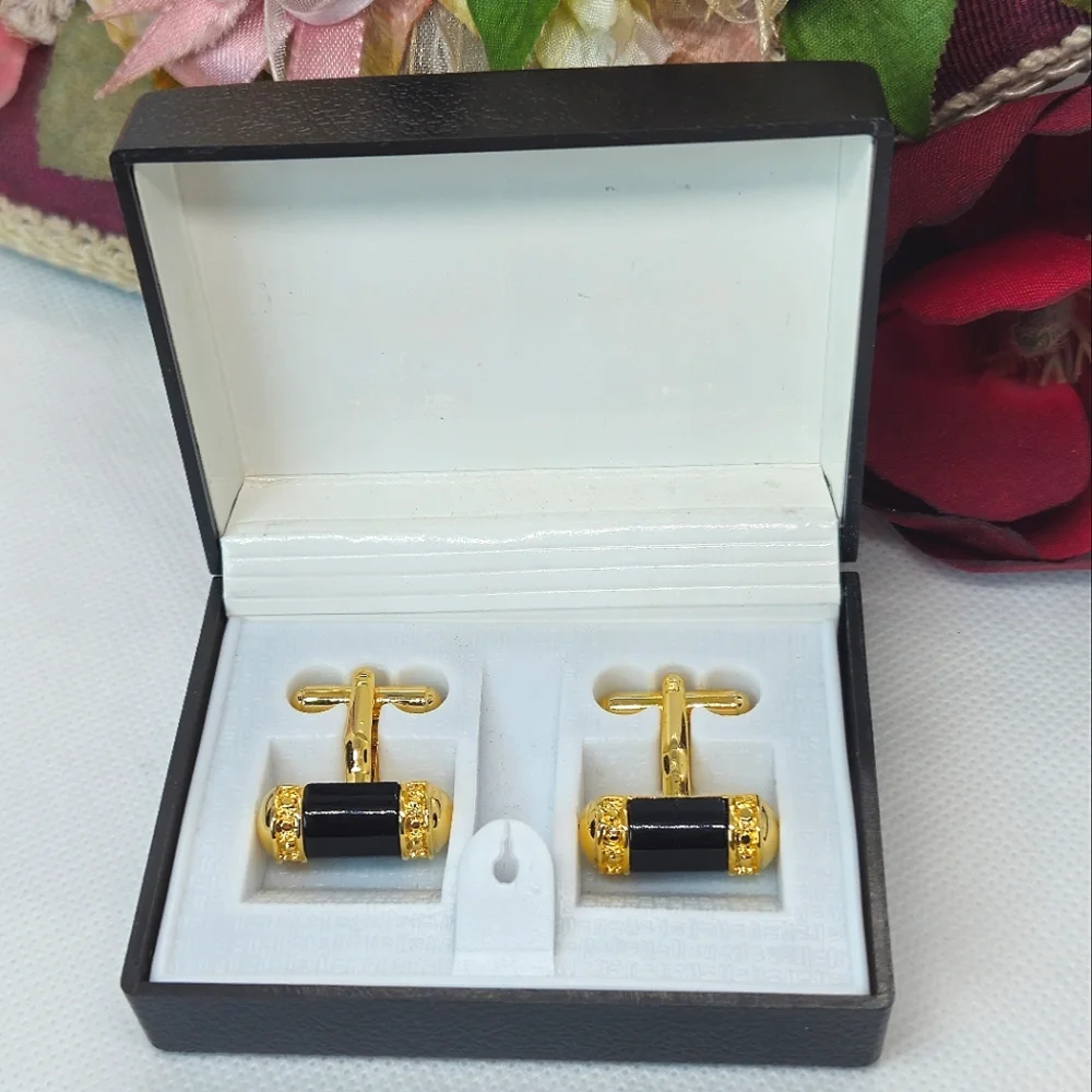 Gold Plated Black Cylinder Cuff Links Designer High End Cuff Links